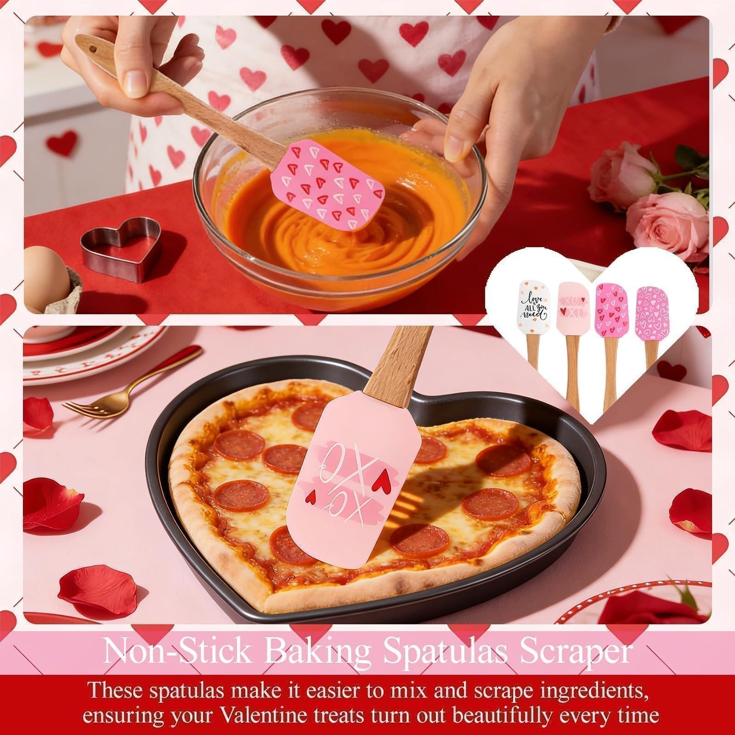 4PCS Valentine Baking Spatula Set,Non-Stick Cake Scraper Cream Spatulas,Valentine Patter Silicone Scraper Heat Resistant Holiday Pastry Spatulas Baking Essentials for Cooking,Sauteing and Mixing