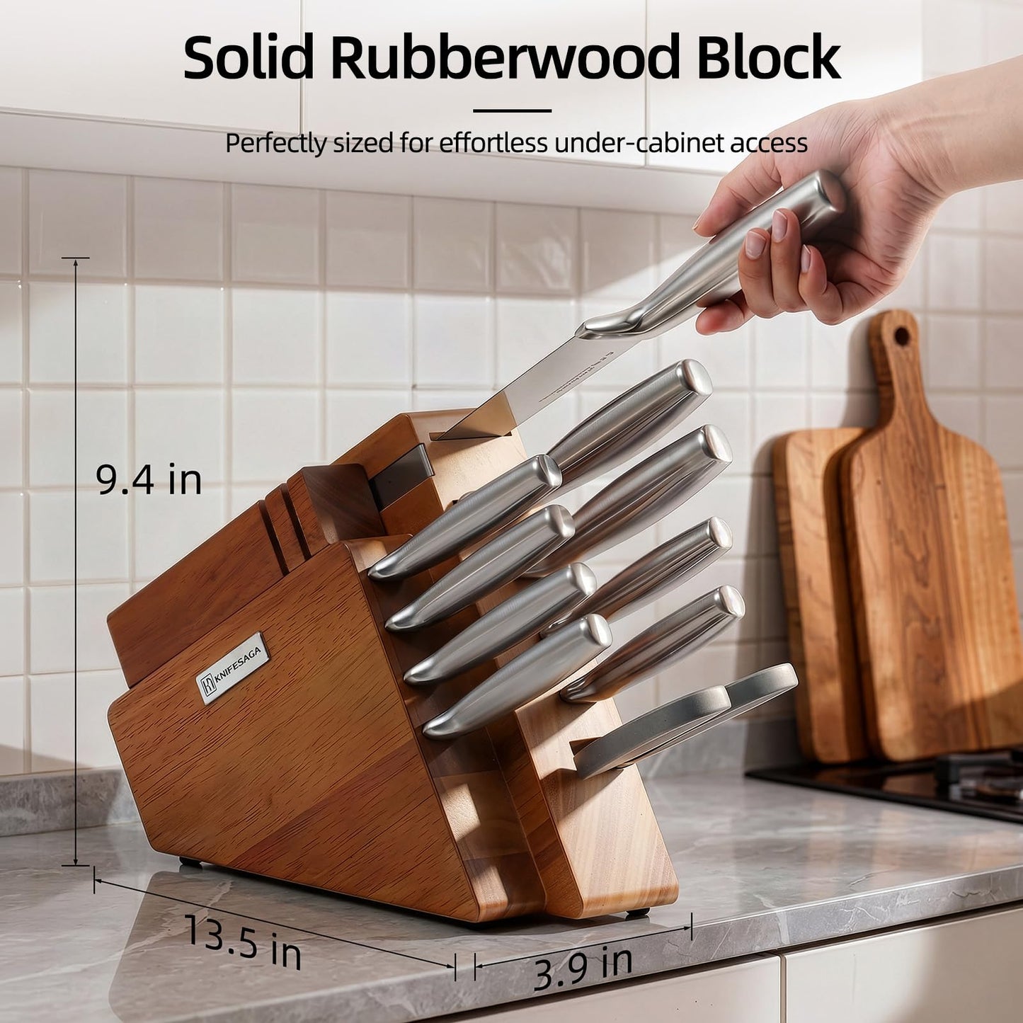 KnifeSaga Kitchen Knife Set with Block and Sharpener | 12-Piece Premium High Carbon Stainless Steel Knife Block Set, Ergonomic Anti-Slip Handle, Rubberwood Knife Block