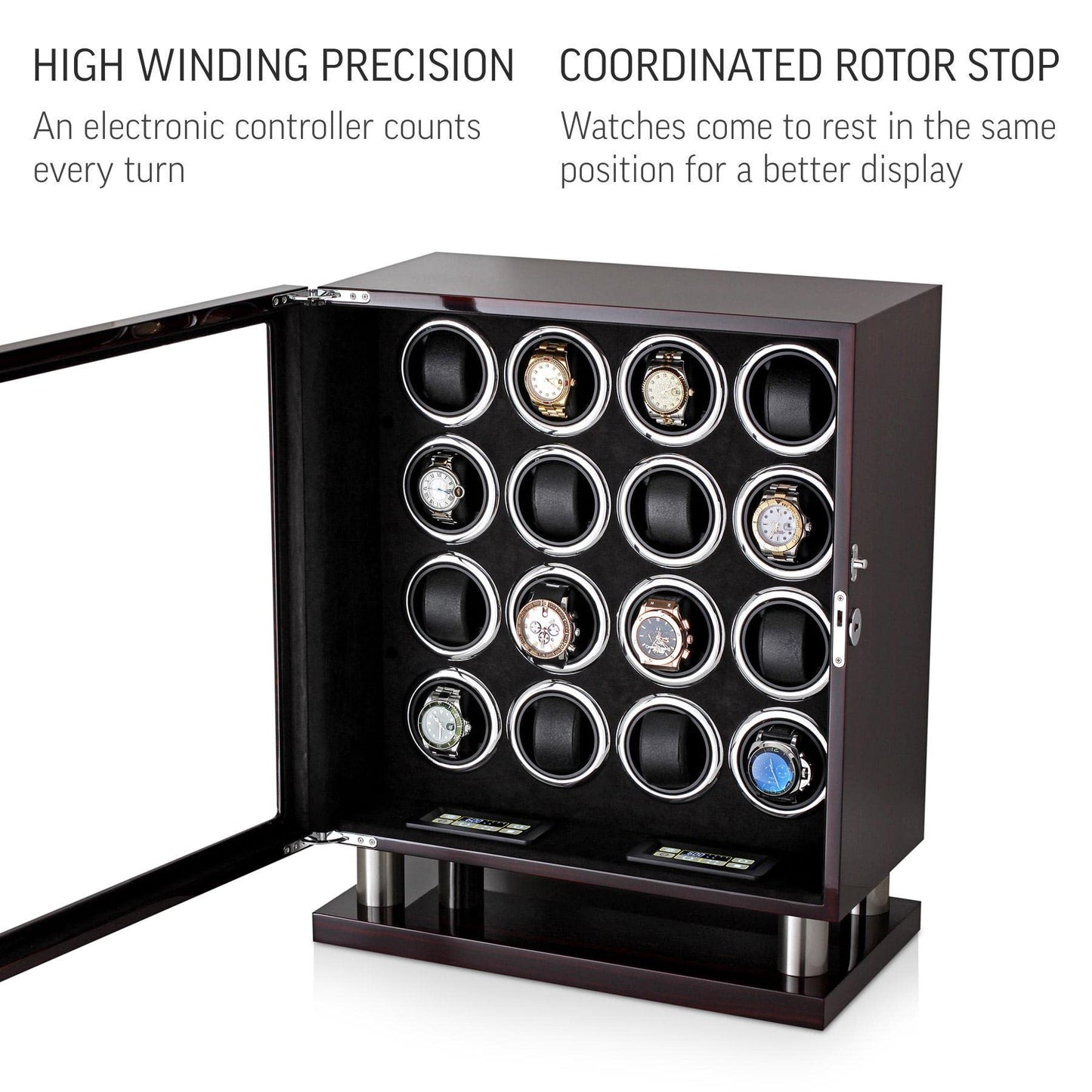 16 Watch Winder for Automatic Watches with LED Light and Coordinated Rotor Stop (Ebony)