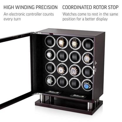 16 Watch Winder for Automatic Watches with LED Light and Coordinated Rotor Stop (Ebony)