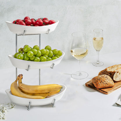 LUFILUFI 3 Tier Fruit Bowl Basket for Kitchen Counter - Ceramic Serving Bowls with Metal Stand, Stackable Tiered Fruit Basket for Fruit Vegetable Snack Storage, Countertop Organizer, Housewarming Gift