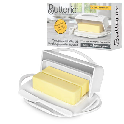 Butterie Flip Top Butter Dish with Attached Lid & Matching Knife - Holds 2 Sticks, Fits Kerrygold/European Butter - BPA Free & Dishwasher Safe - White