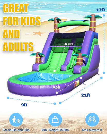 21FT(L) Commercial Water Slide for Adults Kids, 100% PVC Inflatable Adult Water Slide with 950W Blower, 0.45mm Heavy Duty Vinyl Blow Up Water Slides Backyard Outdoor, 21x9x12ft