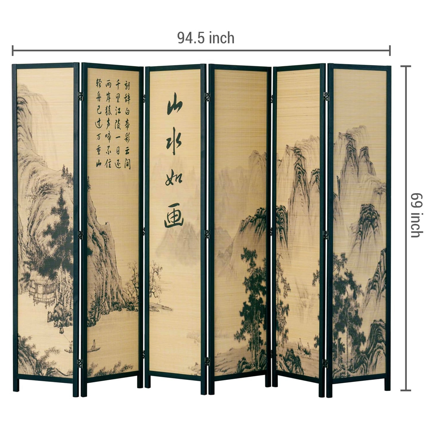 MyGift Decorative 6 Panel Folding Room Divider Bamboo Screen with Chinese Calligraphy Design, 6FT Freestanding Floral Artwork Room Partitioner with Black Wood Frame 94.5''W x 69''H