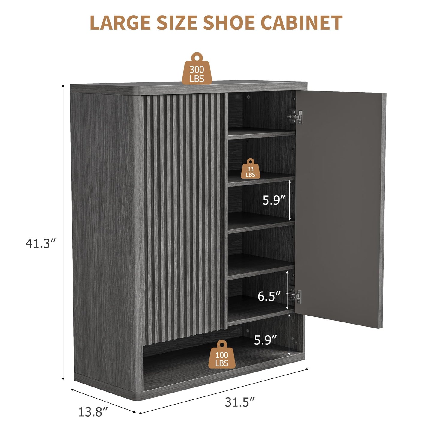 Garvee 31.5 Inch Shoe Cabinet, Large Shoe Storage Cabinet with Adjustable Shelves, Wooden Shoe Organizer with Fluted Door Holds 25–30 Pairs for Entryway & Living Room,Grey