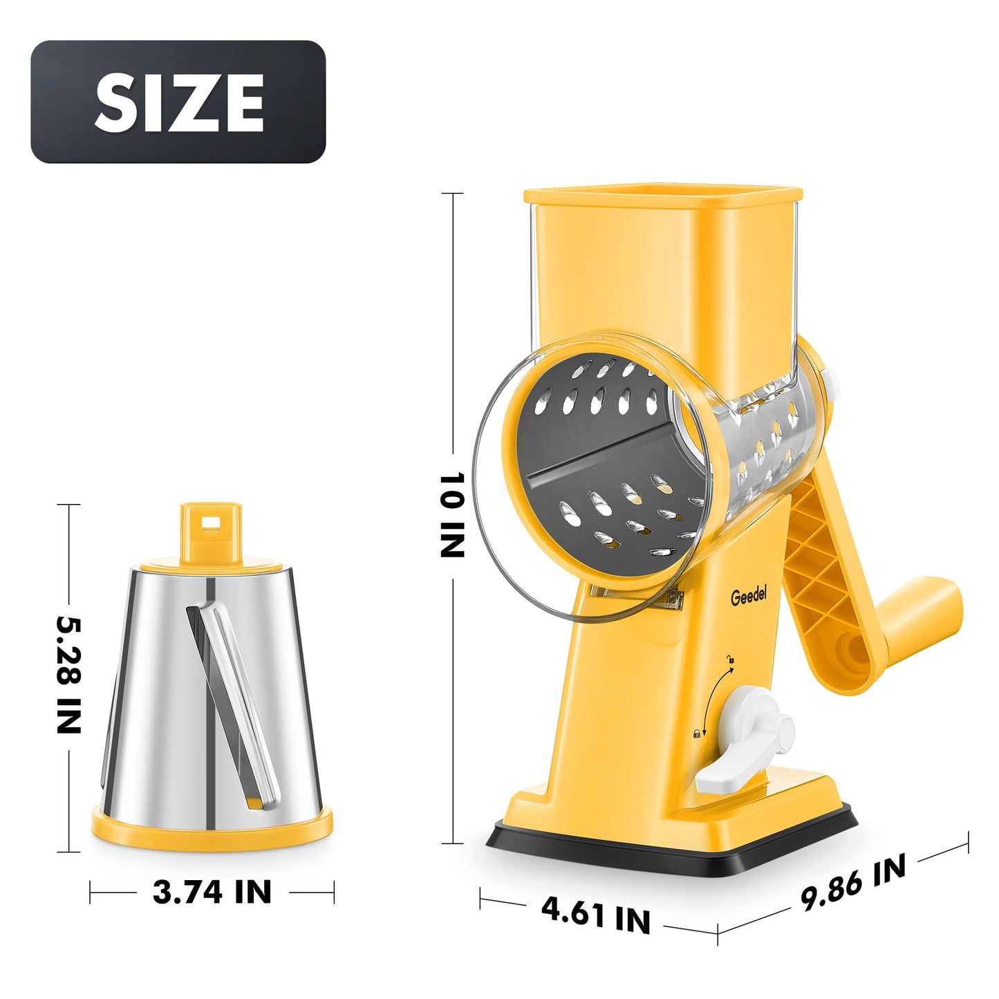 Geedel Rotary Cheese Grater - Upgraded Vegetable Shredder with 4 Interchangeable Blades, Easy to Clean Cheese Shredder with Handle, Kitchen Grater Nuts Grinder for Cutting Cheese, Vegetable, Nuts