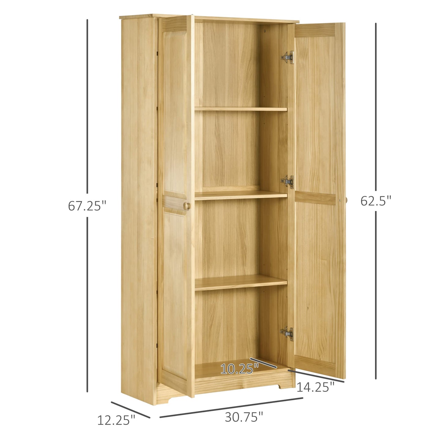 HOMCOM 67" Pinewood Kitchen Pantry Storage Cabinet, Freestanding Cabinets with Adjustable Shelves, Solid Wood Food Pantry with Soft-Close Doors for Living Room Dining Room, Light Brown