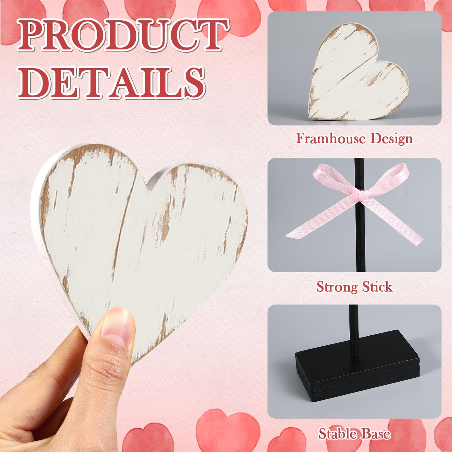 Yerliker 3 Pcs Valentine's Day Wooden Hearts Shape Sign, Valentines Day Farmhouse Table Decor, Rustic Pink Heart Shaped Standing Block, Love Signs for Centerpieces Wedding Party Favor Supplies
