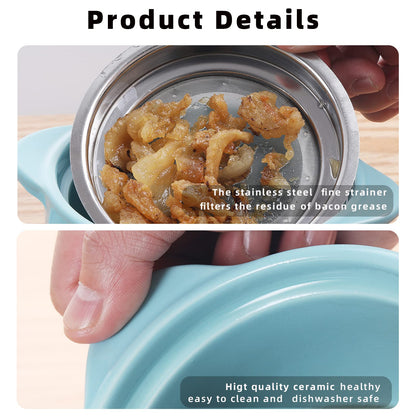 ONTUBE Ceramic Bacon Grease Container Keeper with Strainer, Frying Oil Storage Can 17oz, Turquoise