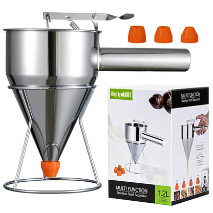 MyLifeUNIT Pancake Batter Dispenser, 40oz Multi-Caliber Stainless Steel Funnel Cake Dispenser with Stand Great for Pancakes, Cupcakes or Any Baked Goods