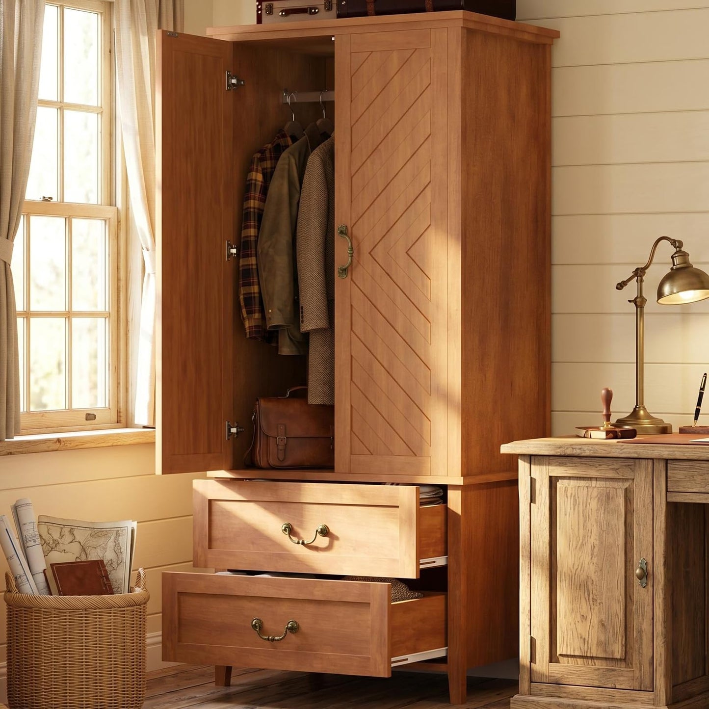 IDEALHOUSE Farmhouse Armoire Wardrobe Closet with Drawers, 71" Tall Freestanding 2 Door Armoire Wardrobe Storage Cabinet with Hanging Rod, Wooden Colthing Closet, V Shape, for Bedroom, Retro Brown