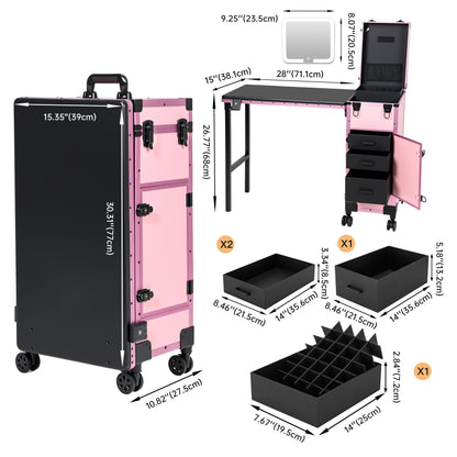 Rolling Portable Manicure Table with 3 Drawers, Lockable Makeup Train Case with Detachable Mirror, Foldable Nail Desk with Wheels & Handle, Mesa de Uñas Profesional para Nail Techs & Salon Use, Pink