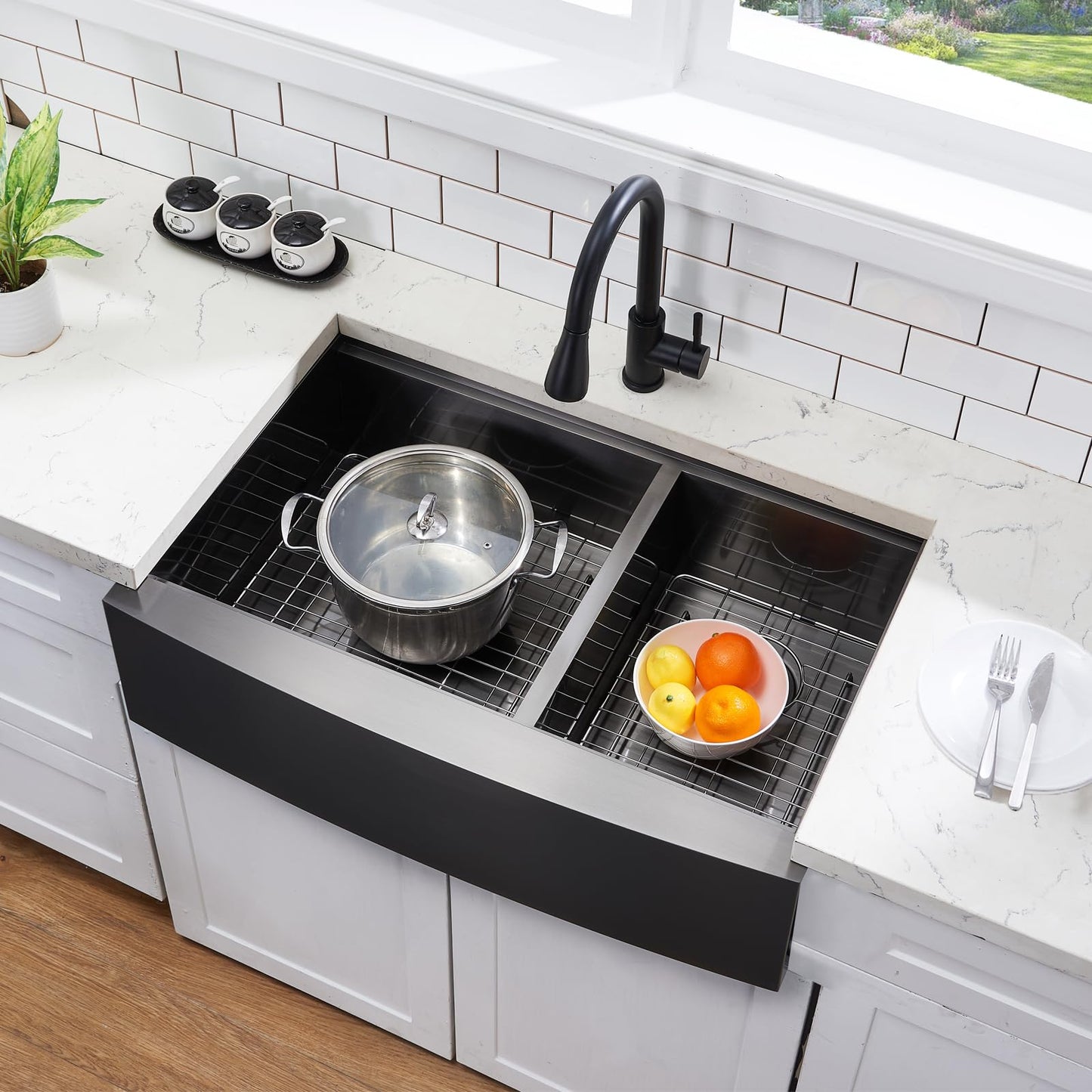 SHACO Double Bowl 60/40 Black Farmhouse Sink, 33x22 Inch Stainless Steel Apron Front Divided Double Basin Farmhouse Kitchen Sink, Gunmetal Black Farm Workstation Sink