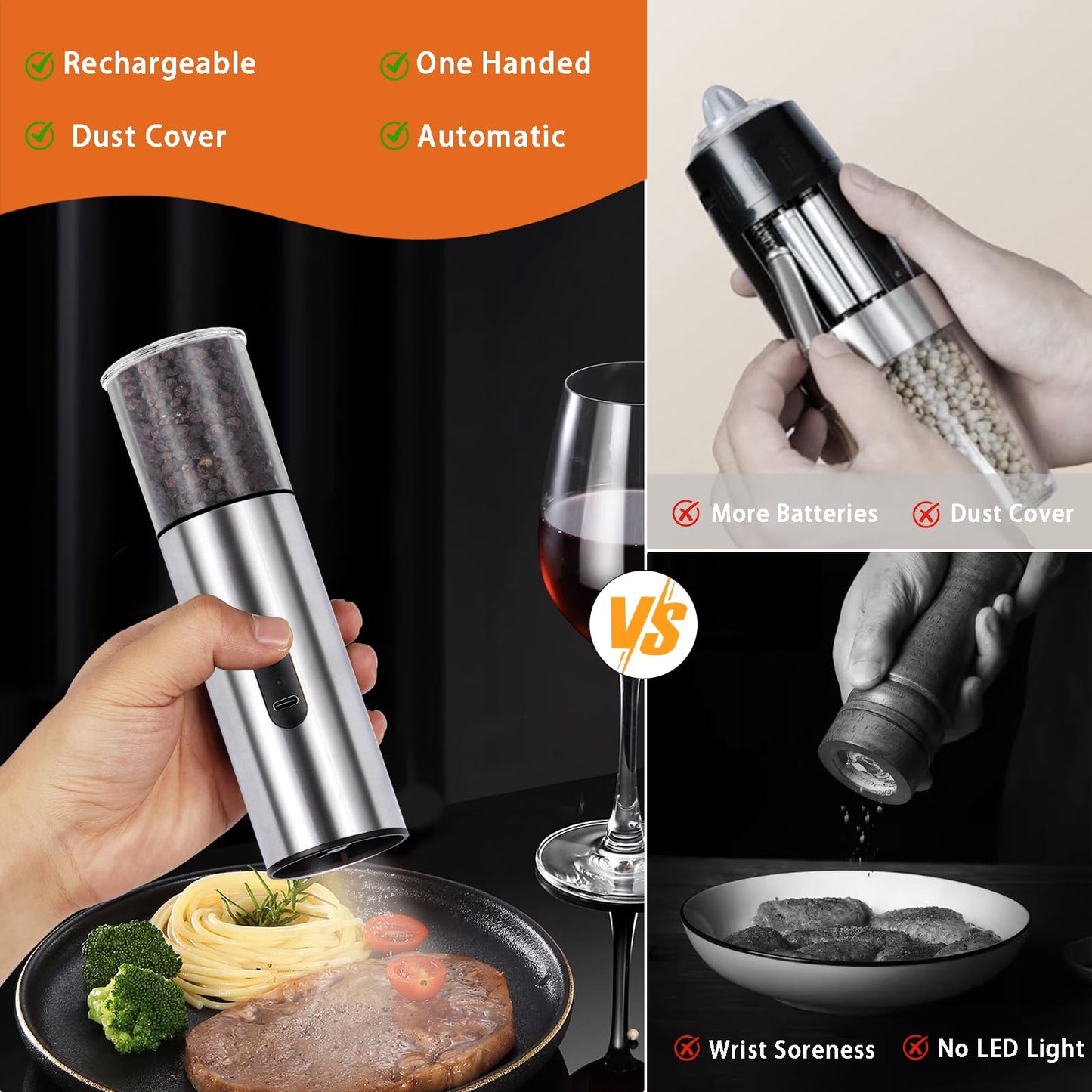 Enutogo Salt and Pepper Grinder Set, Electric Salt Pepper Shakers with Adjustable Coarseness, Automatic Salt Mill Grinder, Rechargeable Salt Grinder Refillable, One-Hand Operation with LED Light (2)