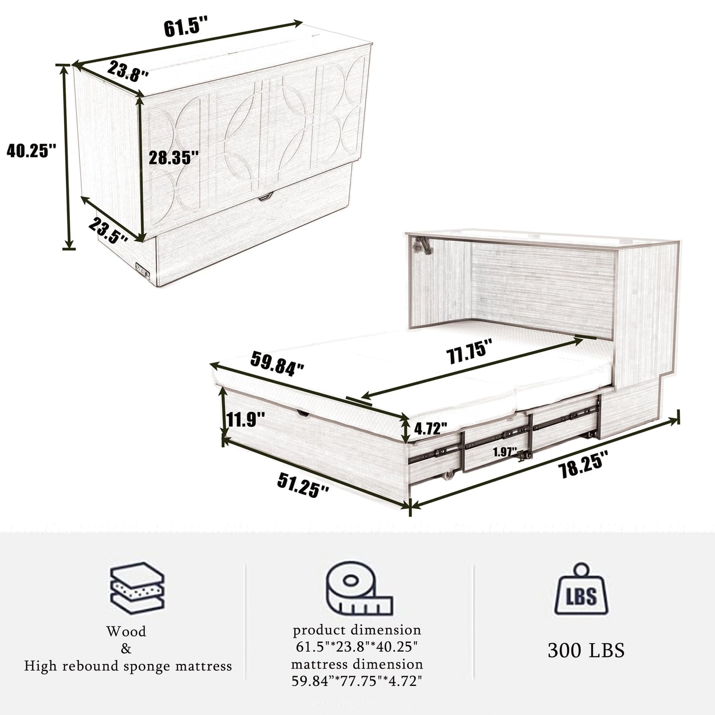 KEIKI Murphy Bed Cabinet Queen - Foldable Wall Bed with Foam Mattress, 2 Large Storage Drawers & USB Charging Station, Space Saving Furniture for Guest Room, Bedroom, Office, Living Room, Grey