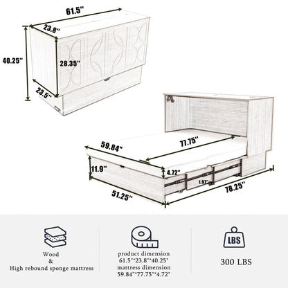 KEIKI Murphy Bed Cabinet Queen - Foldable Wall Bed with Foam Mattress, 2 Large Storage Drawers & USB Charging Station, Space Saving Furniture for Guest Room, Bedroom, Office, Living Room, Grey