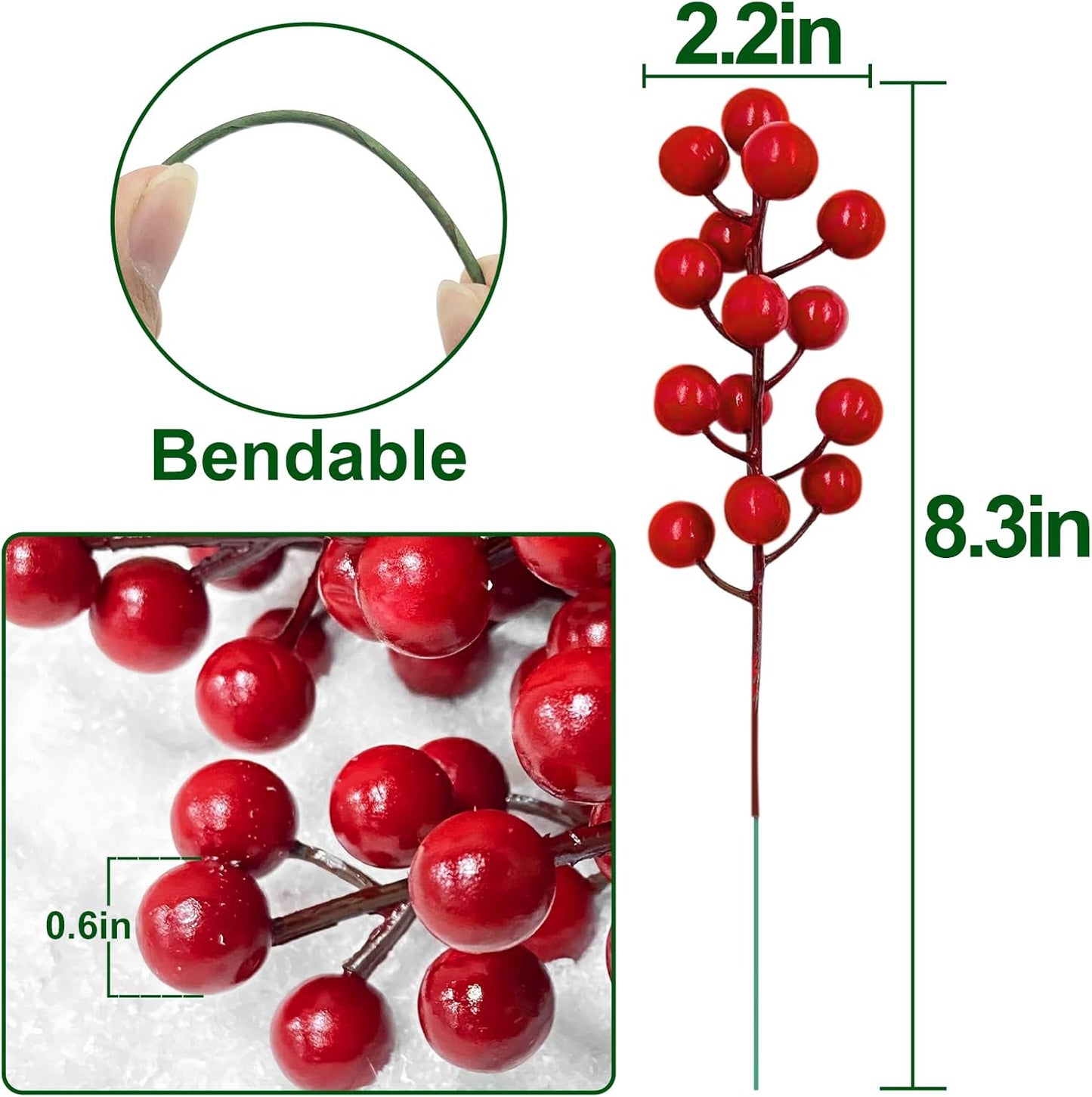 25 Pack Red Berry Stems Waterproof Christmas Picks Sprays for Christmas Tree Decorations Holly Berry Artificial Fruit