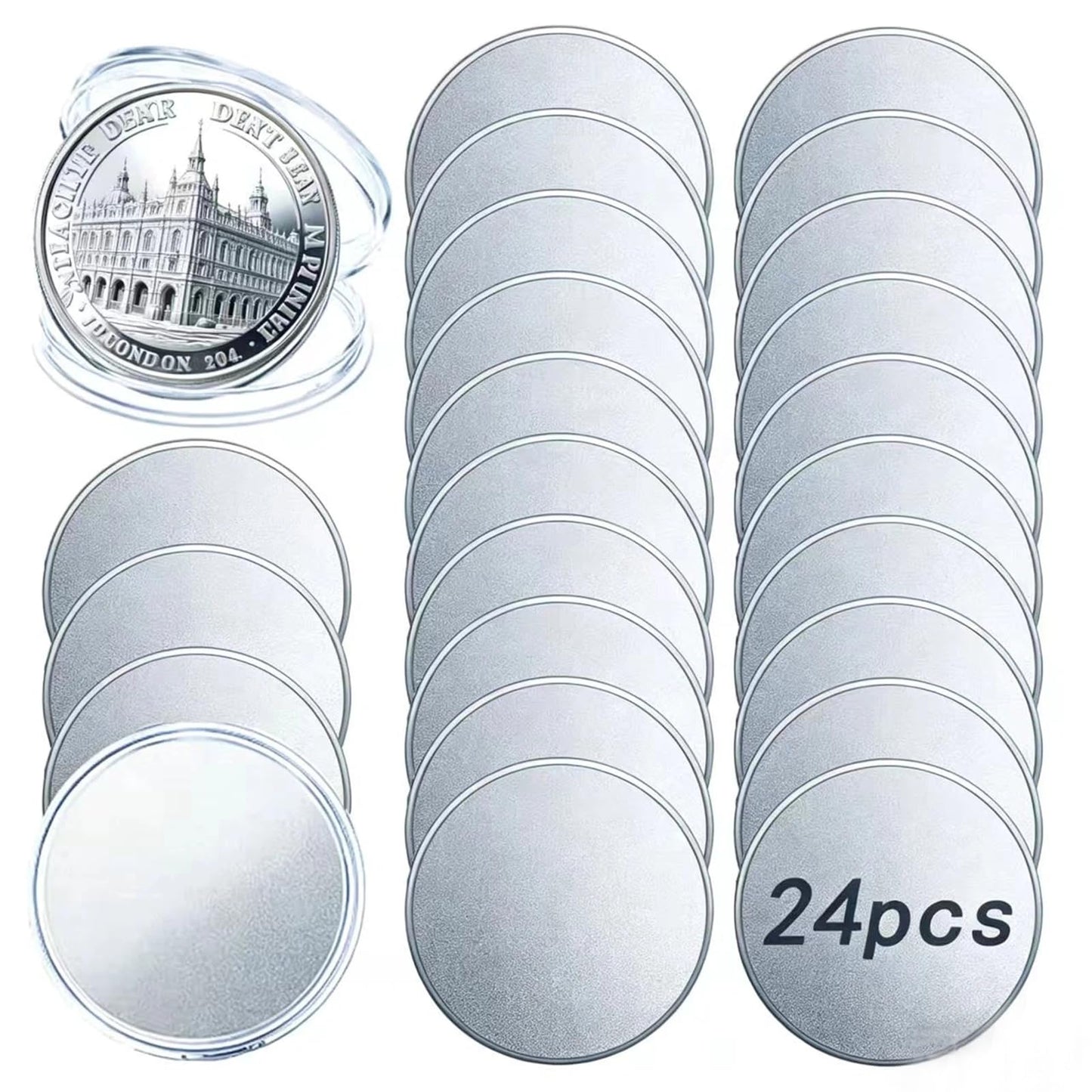 Disabeki 24 Pcs Blank Challenge Coins, 40mm x 2mm Plated Alloy Coin Blanks for Laser Engraving with Acrylic Cases, Reeded Edge Custom Coins for DIY Crafts, Gifts and Keepsakes (Silver-Plated)