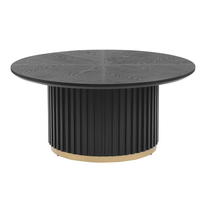 Christopher Knight Home Modern Round Coffee Table 33.46" Fluted Pedestal Base Sculptural Accent Table with Ash Veneer Top and Gold Metal Detail for Living Room Lounge and Minimalist Interiors, Black