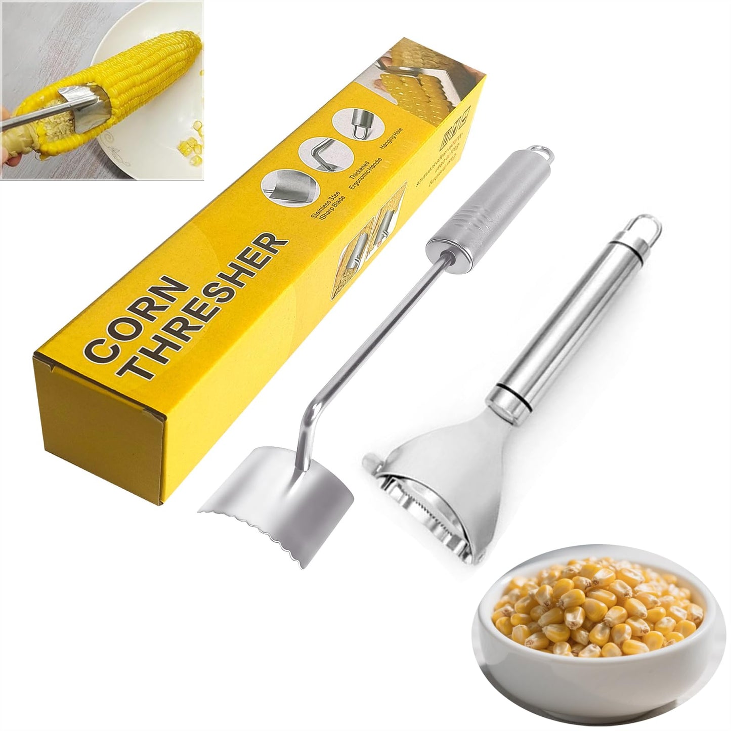 Corn Peeler For Corn On The Cob，2025 Upgrade Sawtooth Corn Cob Stripper Tool ，Ergonomic Design Ideal Tool For Long Handle Stainless Steel Corn On the Cob Stripper Tool (Silver, 1pack+1peeler)