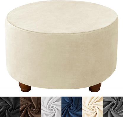 HFCNMY Round Ottoman Cover - Thick Velvet Slipcover with Elastic Bottom - Beige Large