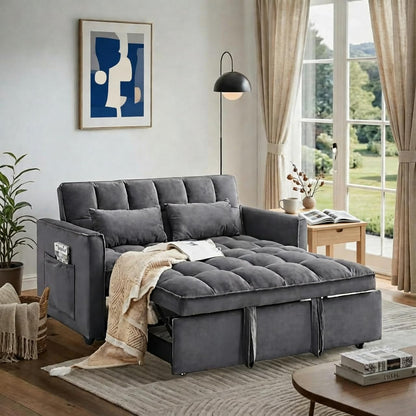 Trygoal 3 in 1 Convertible Sofa Bed, Love Seat Sleeper Bed with Side Pockets, Velvet Fabric Pull Out Couch with Adjustable Backrest for Living Room, Bedroom, Gray Apartment, Gray