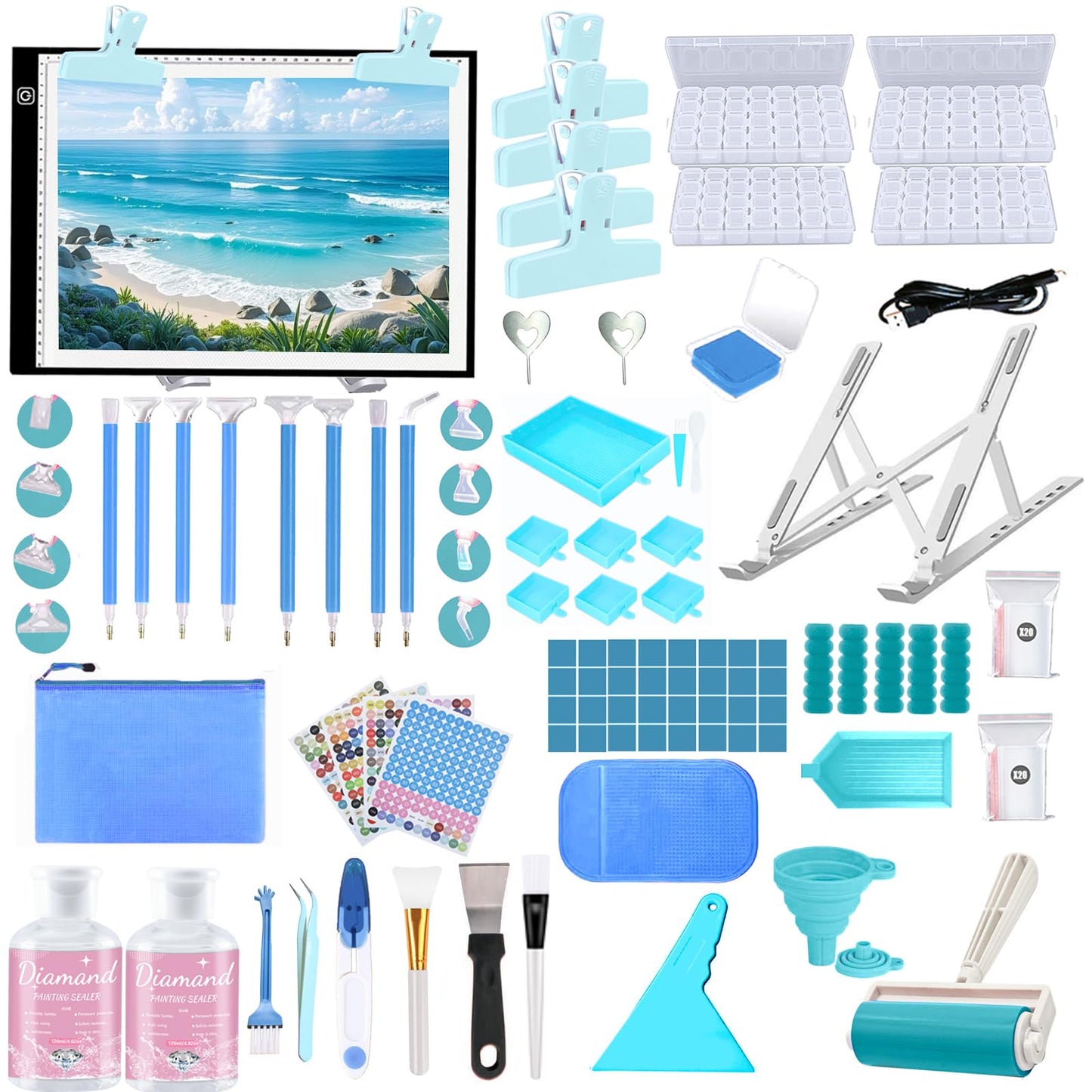 DNSGOOR 244Pcs All Inclusive Diamond Art Accessories Kit Diamond Painting A3 LED Light Pad Set with Diamond Art Sealer Glue Stand Storage Case Pens 5D Painting Tools for DIY Drill Craft