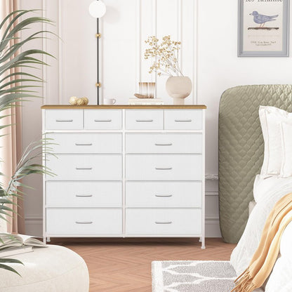 VASICAR Compact 12 Drawers Dresser for Bedroom, Fabric Storage Tower, Chest of Drawers with Retro Wood Top for Closet, Nursery, Living Room