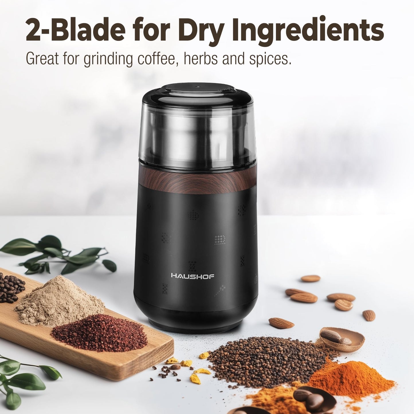 HAUSHOF Coffee Grinder Electric, One Touch Design, Spice, Herb, Grinder for Coffee Bean Spices and Seeds with 1 Removable Stainless Steel Bowl, Dry Grinder-Black