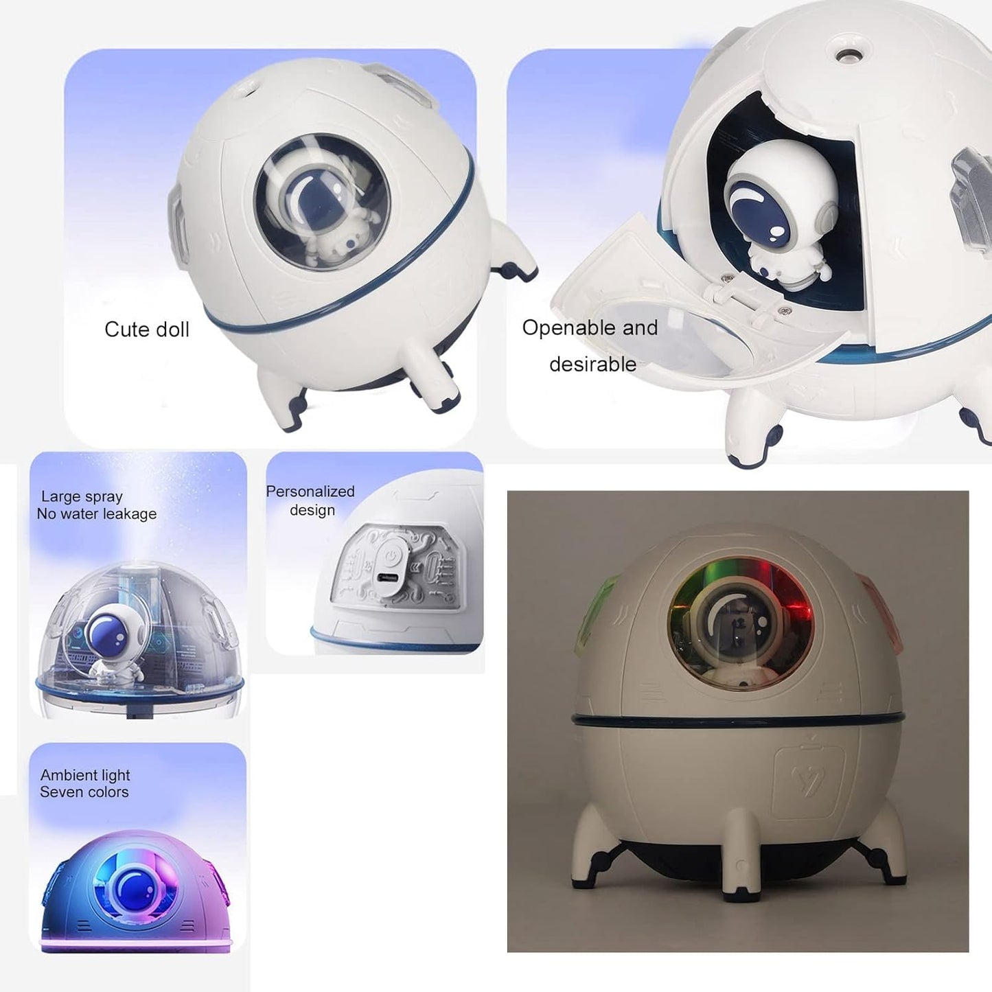 Space Capsule Humidifier, 220ml USB Ultrasonic Cool Mist with 7 Colors Light for Home Office Car (White)