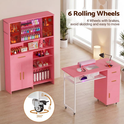 Mobile Manicure Table with Dust Collector, Double Tabletop Nail Desk for Technician, Nail Station w/Display Shelves, 3 Adjustable Layers, Drawers, Cabinets, Sliding Door & LED Light Strip, Pink