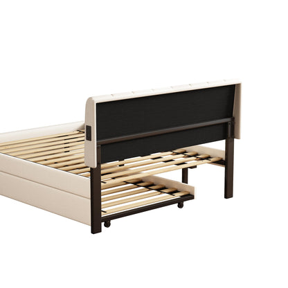 FAVSH Full Size Upholstered Platform Bed with Trundle and 1 Sets of USB, Chenille Fabric Solid Wood Bedframe w/Wood Slats & LED Lights with APP for Bedroom,Beige