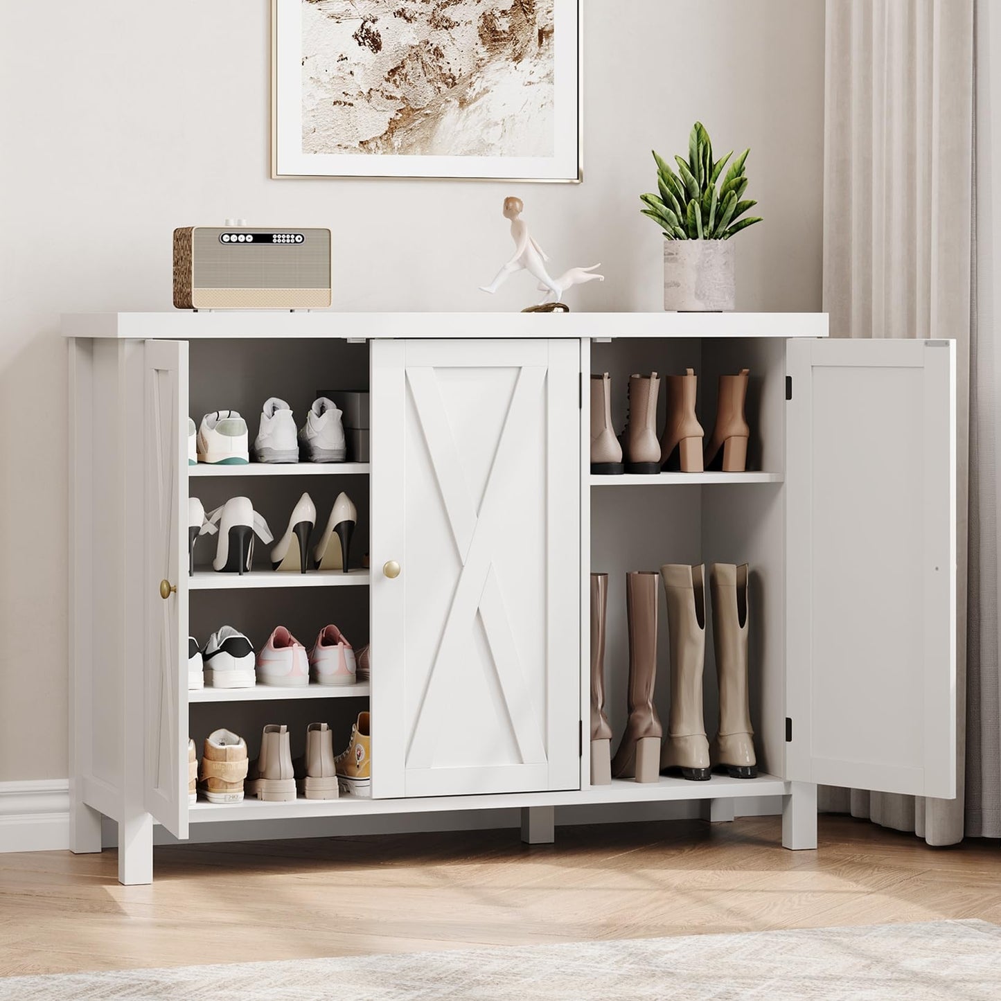 GarveeHome Farmhouse Shoe Cabinet for Entryway with 3 Barn Doors & Wood Legs, 7-Tier Shoe Storage Cabinet with 2 Adjustable Shelves, Tall Shoe Rack Organizer for Closet, Hallway, White