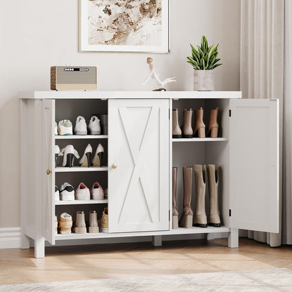 GarveeHome Farmhouse Shoe Cabinet for Entryway with 3 Barn Doors & Wood Legs, 7-Tier Shoe Storage Cabinet with 2 Adjustable Shelves, Tall Shoe Rack Organizer for Closet, Hallway, White