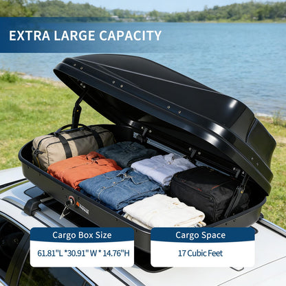 Garvee Rooftop Cargo Box Carrier, 17 Cubic Hardshell Rooftop Cargo Carrier, Dual-Side Opening, Universal Fit for Cars & SUVs, 165Lbs Weight Capacity with Secure Straps&Keys