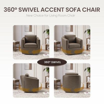 COLAMY 360° Swivel Accent Chair with Pillow, Leather Living Room Armchair No-Sag Foam & Sturdy Metal Base, Fully Assembled Swivel Accent Single Sofa for Bedroom Living Room, Reading Room, Wolf Grey