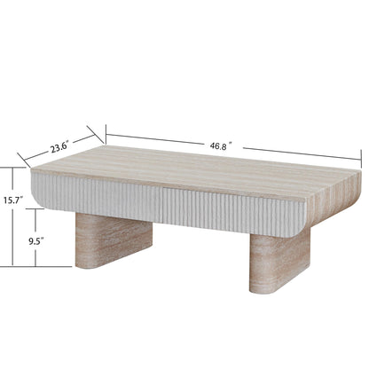 KEIKI 47" Coffee Table with Fluted Drawer, Oval Wood Coffee Table with Faux Marble Tabletop for Living Room or Office, Stylish Accent Table for Apartment or Studio, Beige Brown