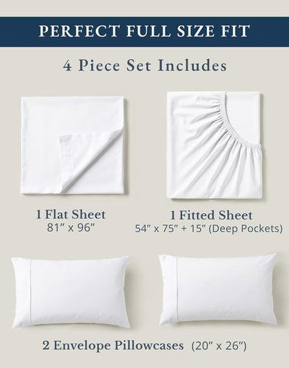 Lane Linen 100% Organic Mercerized Cotton Full Bed Sheet Set - Soft, Comfy, Oeko-Tex Certified, White, 15" Deep Pocket