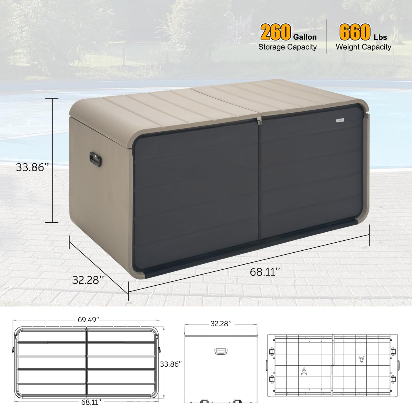 Domi 260 Gallon Resin Deck Box, Waterproof & UV-Resistant Outdoor Large Storage Box Lockable Storage Bin for Patio Cushions Pool Supplies Garden Tools and Delivery Storage