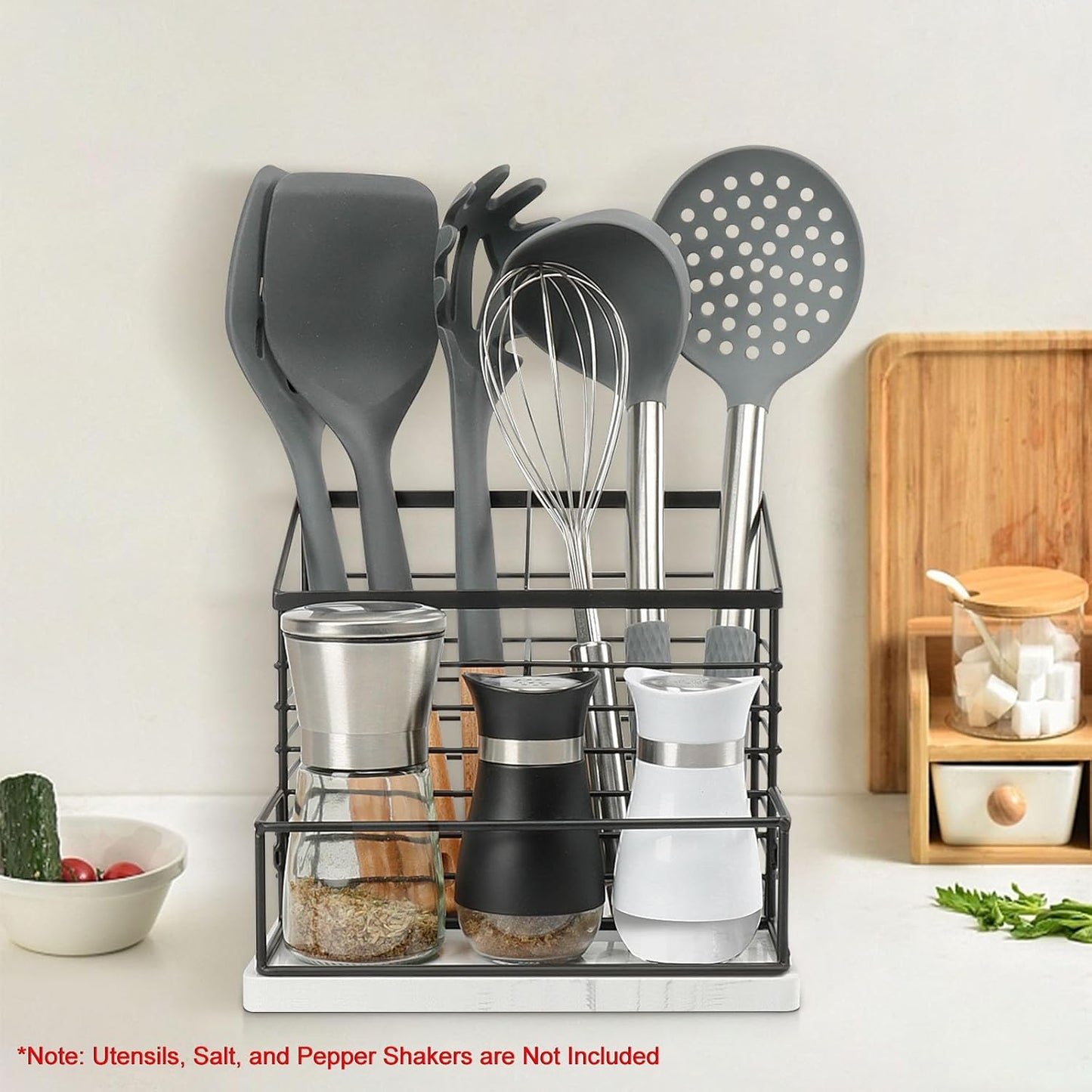 Metal Utensil Holder for Kitchen Counter - Large Organizer with Salt and Pepper Shakers, Marble Base