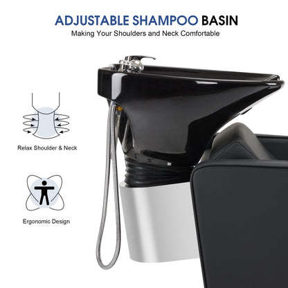 BarberPub Backwash Shampoo Station Chair, Adjustable Porcelain Ceramic Hair Wash Bowl Sink Unit Station, Reclining Shampoo Station Chair for Spa Beauty Salon Hair Salon Equipment 9303 (Black)