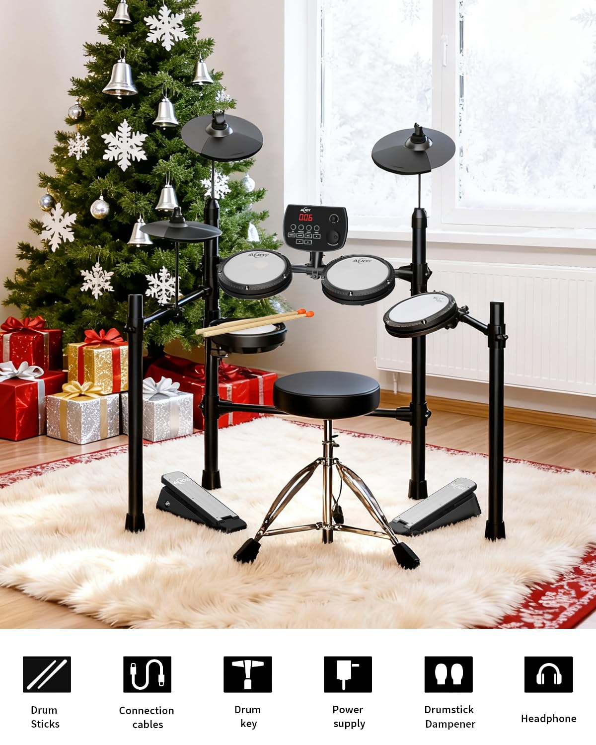 AiJoy Electric Drum Set for Beginners & Adults, Quiet Mesh Pads Digital Drum Kit, Dual-Zone Snare, 5 Drums 3 Cymbals, 195+ Sounds, USB MIDI, Includes Throne, Headphones & Sticks for Apartment Practice