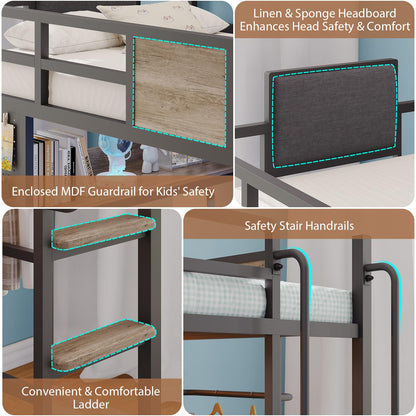 Dnxao Twin Loft Bed with Desk and 5 Storage Drawers,Loft Bed Twin Size with LED Lights and Charging Station, Metal Bunk Bed Frame with Ladder, Clothes Rail,Noise Free,Oak Gray