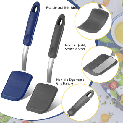 Yetene Silicone Cookie Spatula Turner 2 Pack Mini Brownie Spatula Flexible Kitchen Small Silicone Turner for Nonstick Cookware Heat Resistant No Scratch Flipper for Egg Pancake(Gray, Blue)