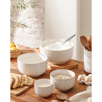 Mikiegy Ceramic Mixing Bowls Set of 4, Nesting Ceramic Embossment Stoneware Mixing Bowls for Cooking, Serving, Popcorn, Salad etc, Microwave & Dishwasher Safe, 20/44/98/145 oz, Off-White