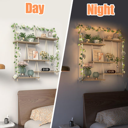 Hanging Shelves for Wall with Vine Lights 5 Tier Boho Wall Shelf Macrame Floating Shelves Rope Rustic Wood Organizer Storage Hanger Rack Decor Aesthetic for Succulents Bedroom Kitchen Bathroom Home