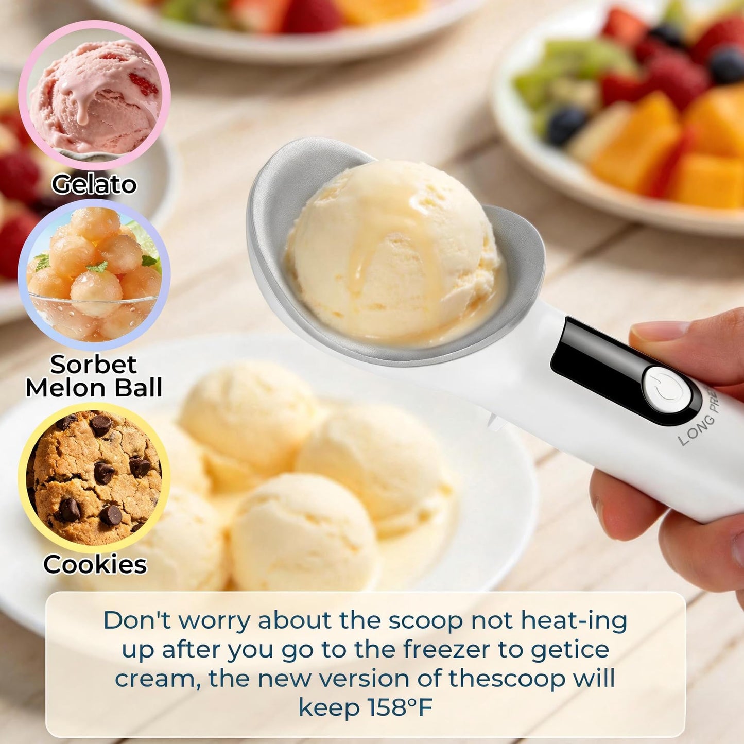 Fzooua Heated Ice Cream Scoop, Dishwasher Safe,Rechargeable Electric Warming Scooper, ON/OFF Safety Lock Switch,Heats to 158F, Kitchen Tool Nonstick Scooper for Gelato, Frozen & More