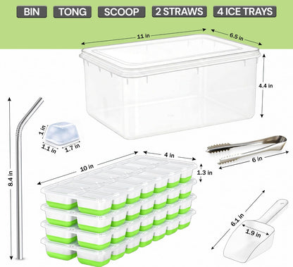 56pcs Ice Cube Tray with Lid and Bin – Stackable 4 Trays Silicone Plastic Freezer Mold, Large Ice Bucket with Scoop, Tong & 2 SS Straws – Easy Release Ice Maker for Cocktail, Coffee, RV, Whiskey