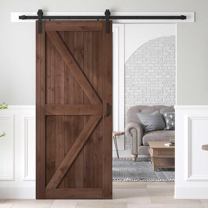 ROYMELO 36x80 inch Sliding Barn Wood Door Slab with 6.6ft Hardware Kit and Handle, Coffee, K Shape, Simple DIY Assembly