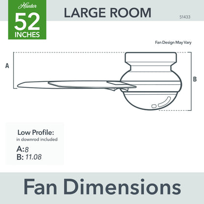 Hunter 52 inch Indoor Ceiling Fan with Light and Remote Control - For Bedroom or Living Room, Low Profile Flush Mount, White Modern Ceiling Fan with LED Light, 3 Blades - Minimus 51433, Fresh White